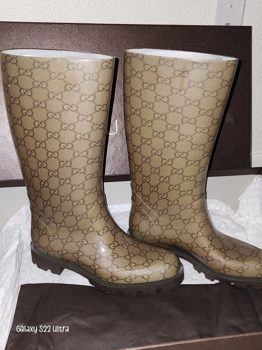 Gucci Brown Monogram Rain Boots
